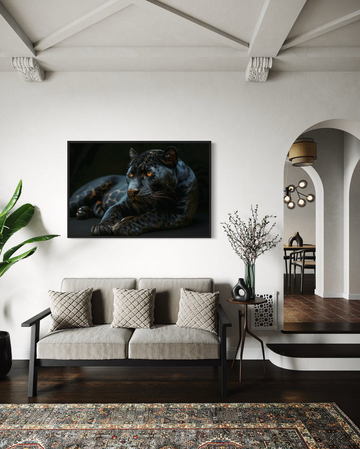 Black Panther On Black Background Framed Canvas Wall Art