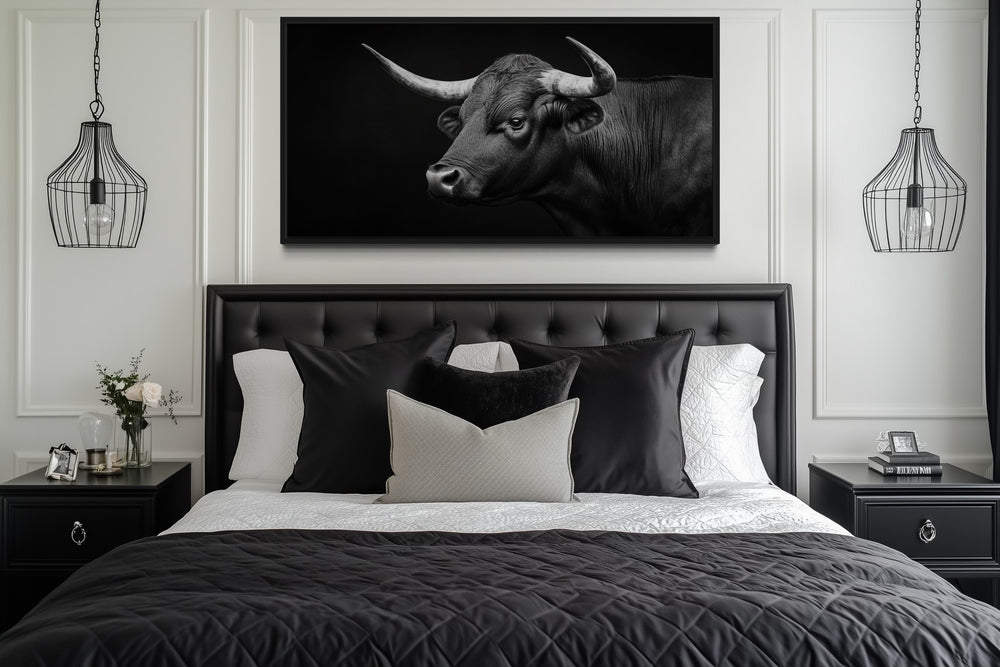 Black Spanish Bull Photograph Extra Large Framed Canvas Wall Art