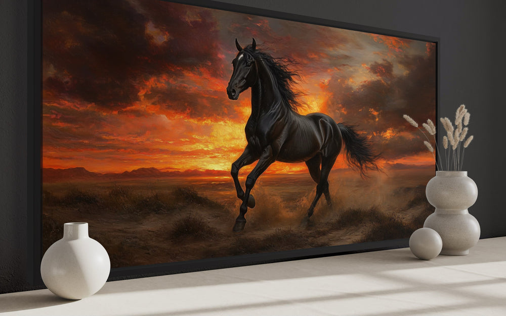 Black Stallion at Sunset Framed Canvas Wall Art