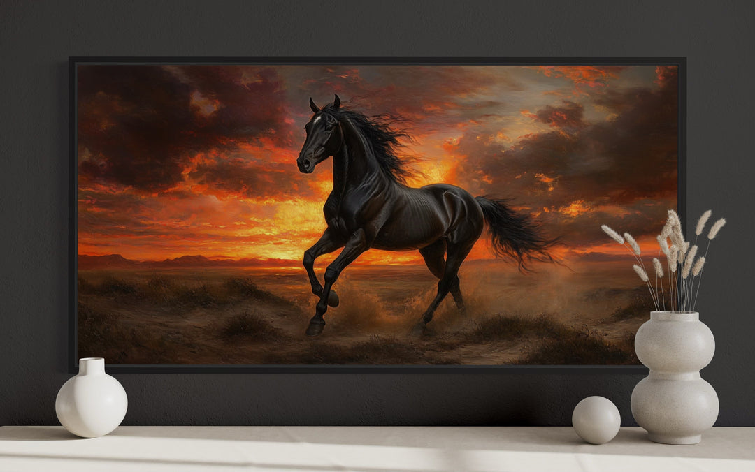 Black Stallion at Sunset Framed Canvas Wall Art