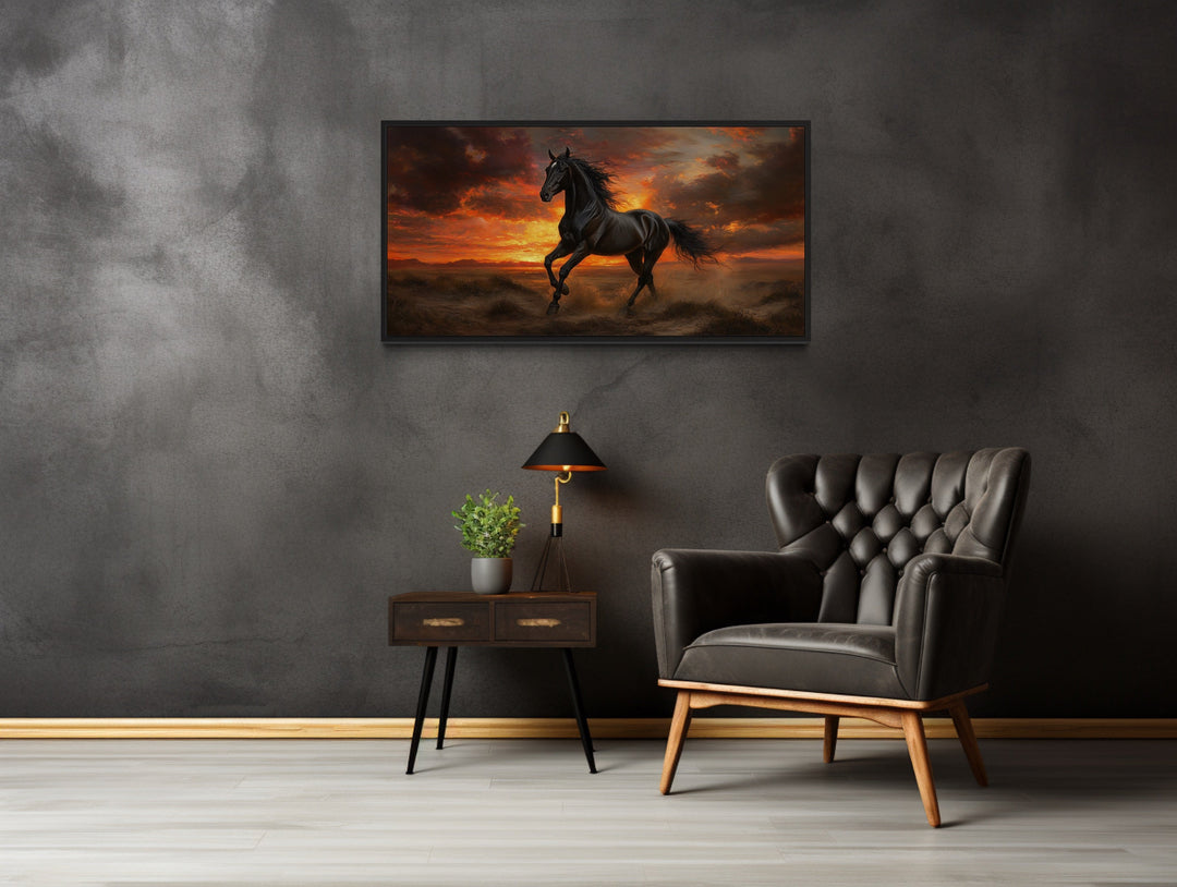 Black Stallion at Sunset Framed Canvas Wall Art