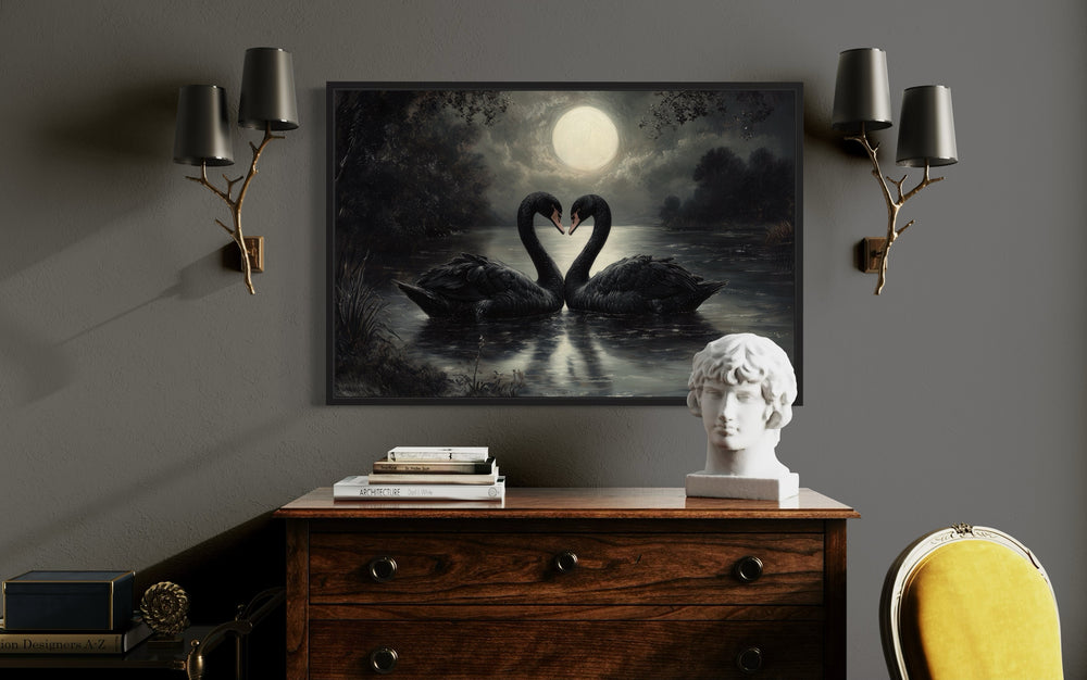 Black Swans In The Lake Moody Antique Framed Canvas Wall Art