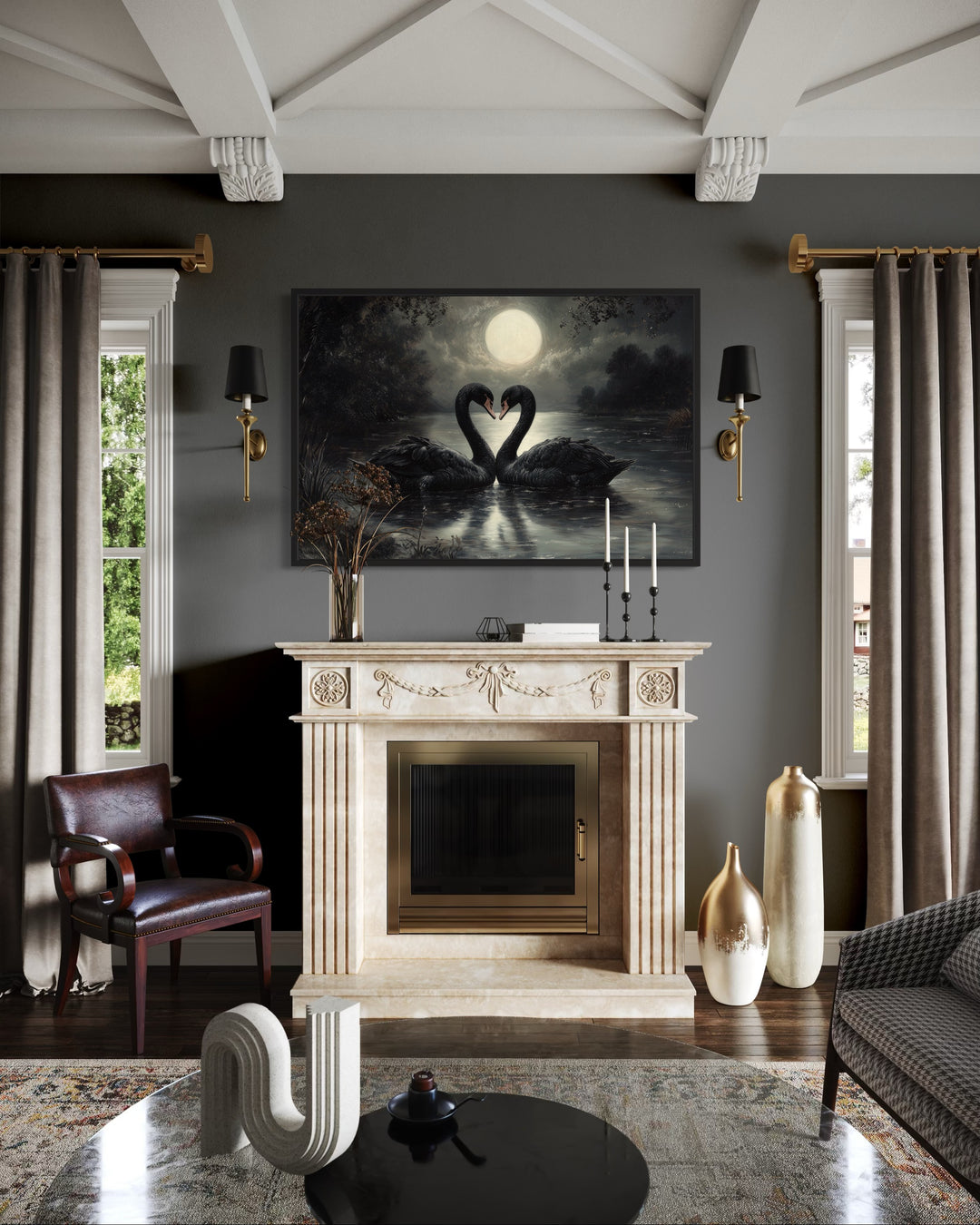 Black Swans In The Lake Moody Antique Framed Canvas Wall Art