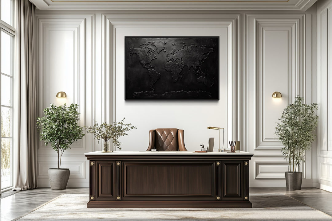 Black World Map Framed Canvas Wall Art For Man Cave Or Office