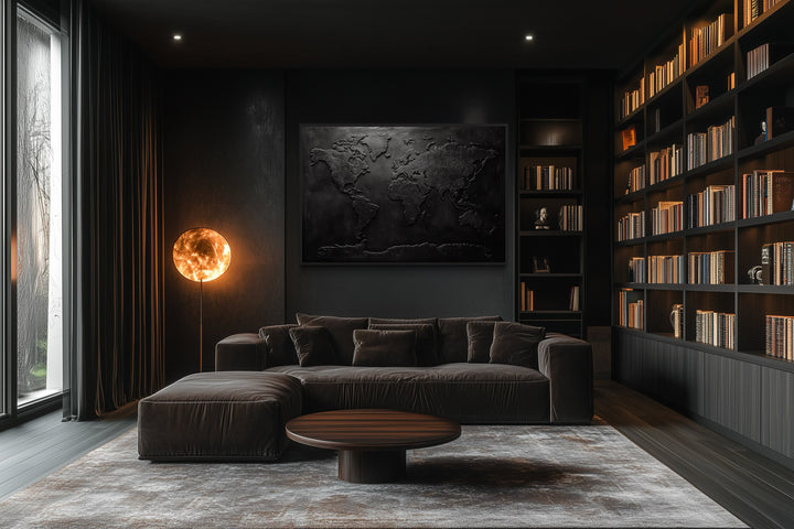 Black World Map Framed Canvas Wall Art For Man Cave Or Office