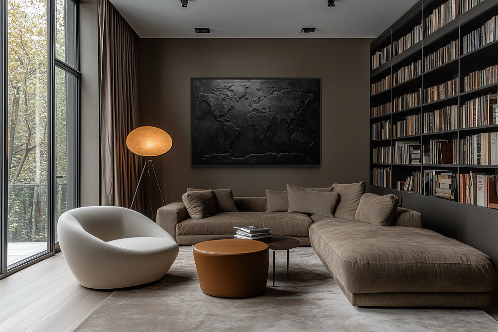 Black World Map Framed Canvas Wall Art For Man Cave Or Office