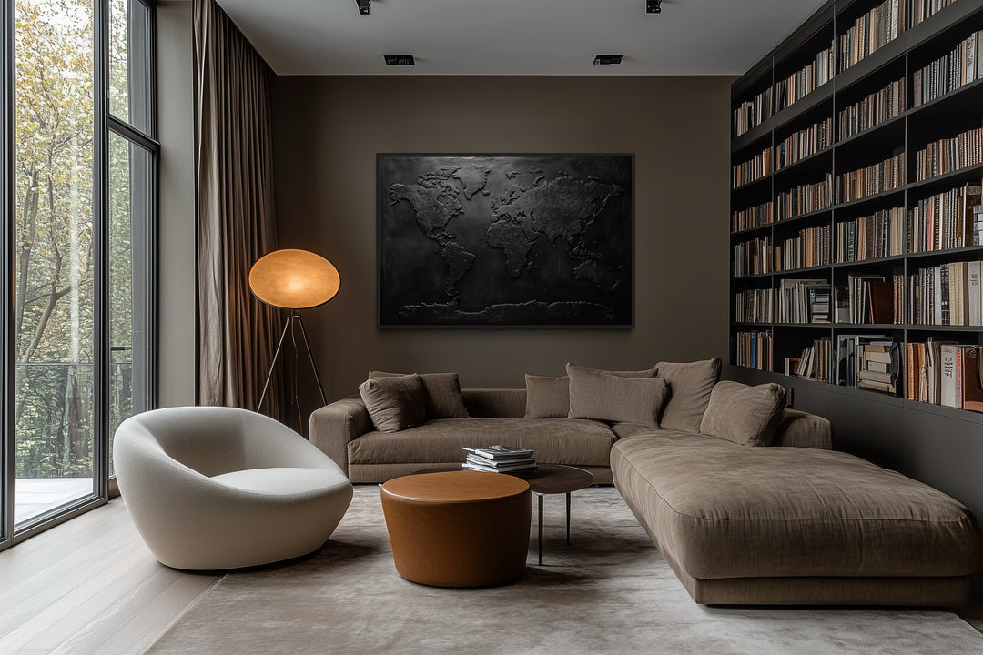 Black World Map Framed Canvas Wall Art For Man Cave Or Office