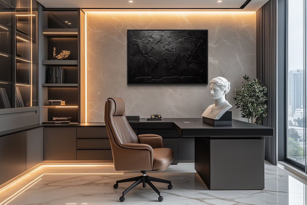 Black World Map Framed Canvas Wall Art For Man Cave Or Office