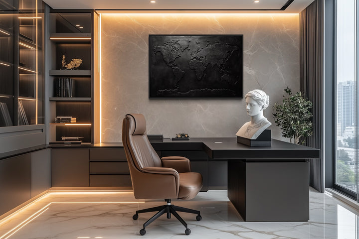 Black World Map Framed Canvas Wall Art For Man Cave Or Office