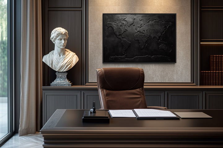 Black World Map Framed Canvas Wall Art For Man Cave Or Office