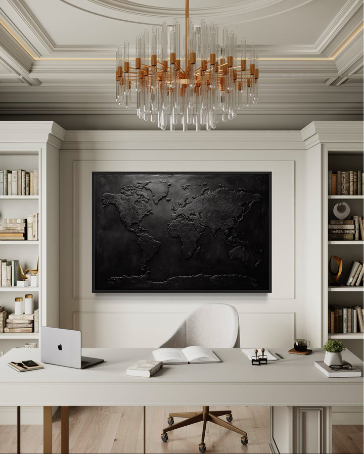 Black World Map Framed Canvas Wall Art For Man Cave Or Office