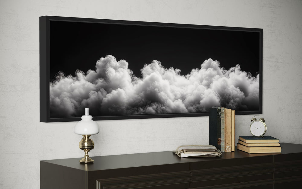 Black and White Clouds Long Horizontal Framed Canvas Wall Art For Bedroom