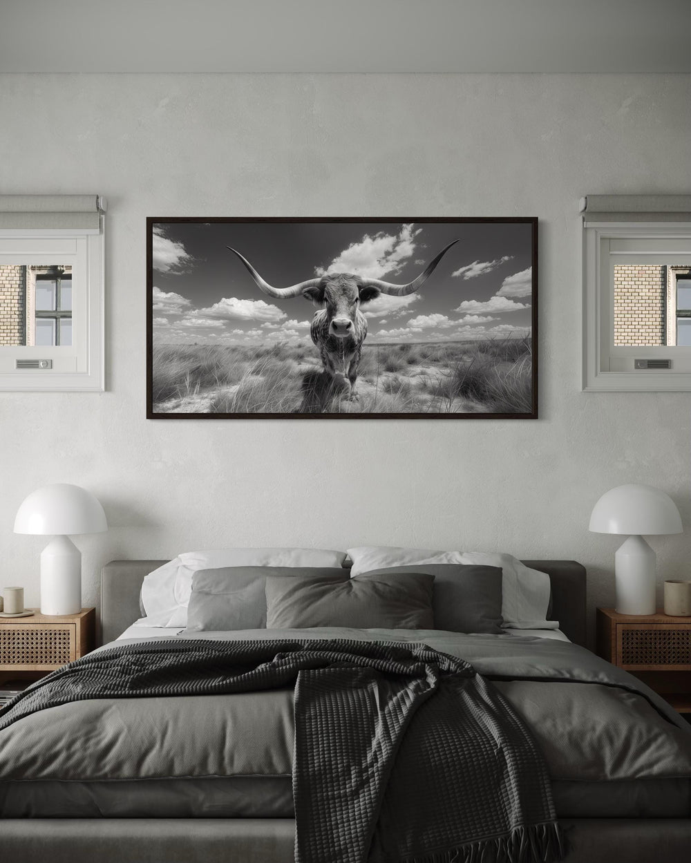 Black and White Longhorn Photography Style Framed Canvas Wall Art