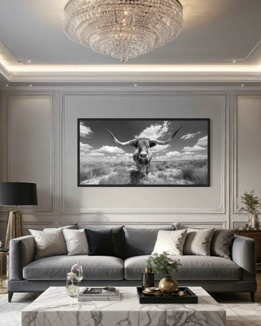 Black and White Longhorn Photography Style Framed Canvas Wall Art