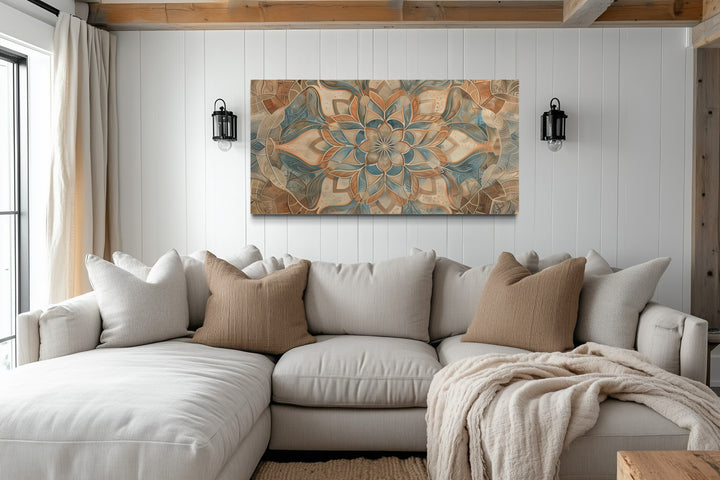 Blue Beige Boho Mandala Neutral Framed Canvas Wall Art