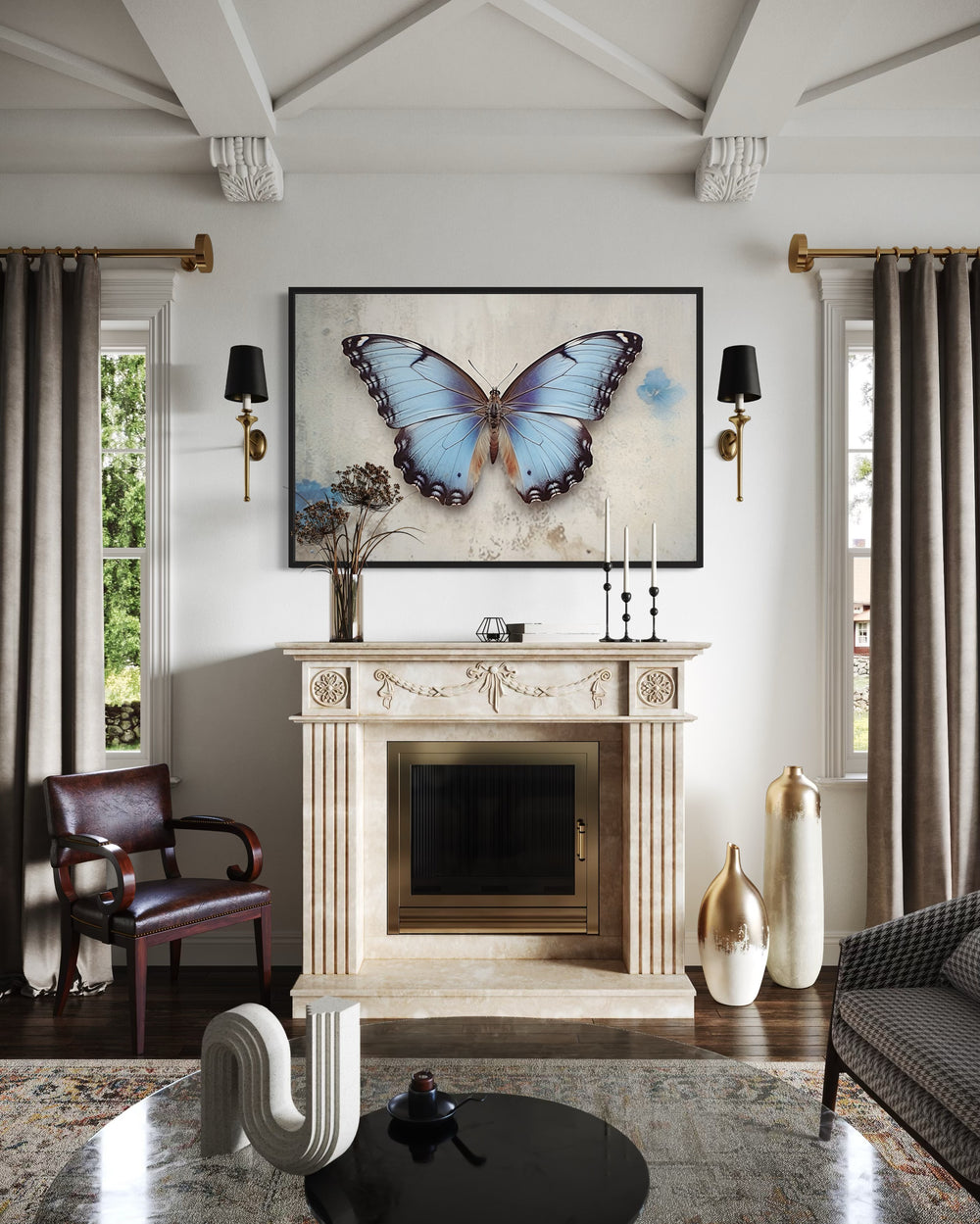 Blue Butterfly Rustic Framed Canvas Wall Art