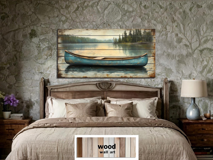Blue Canoe In The Lake Distressed Wood Wall Art