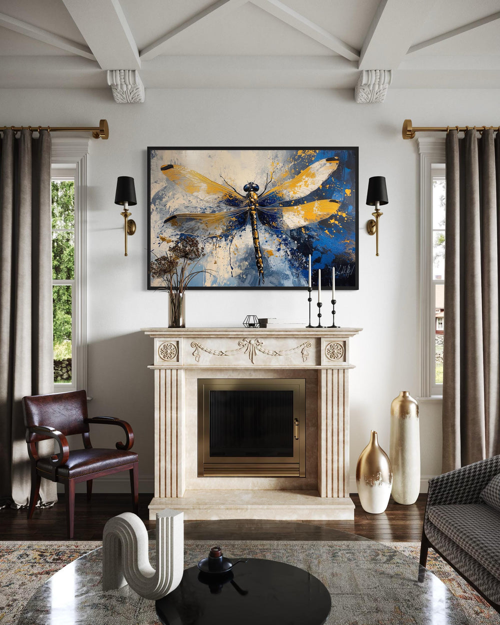 Blue Gold Dragonfly Framed Canvas Wall Art