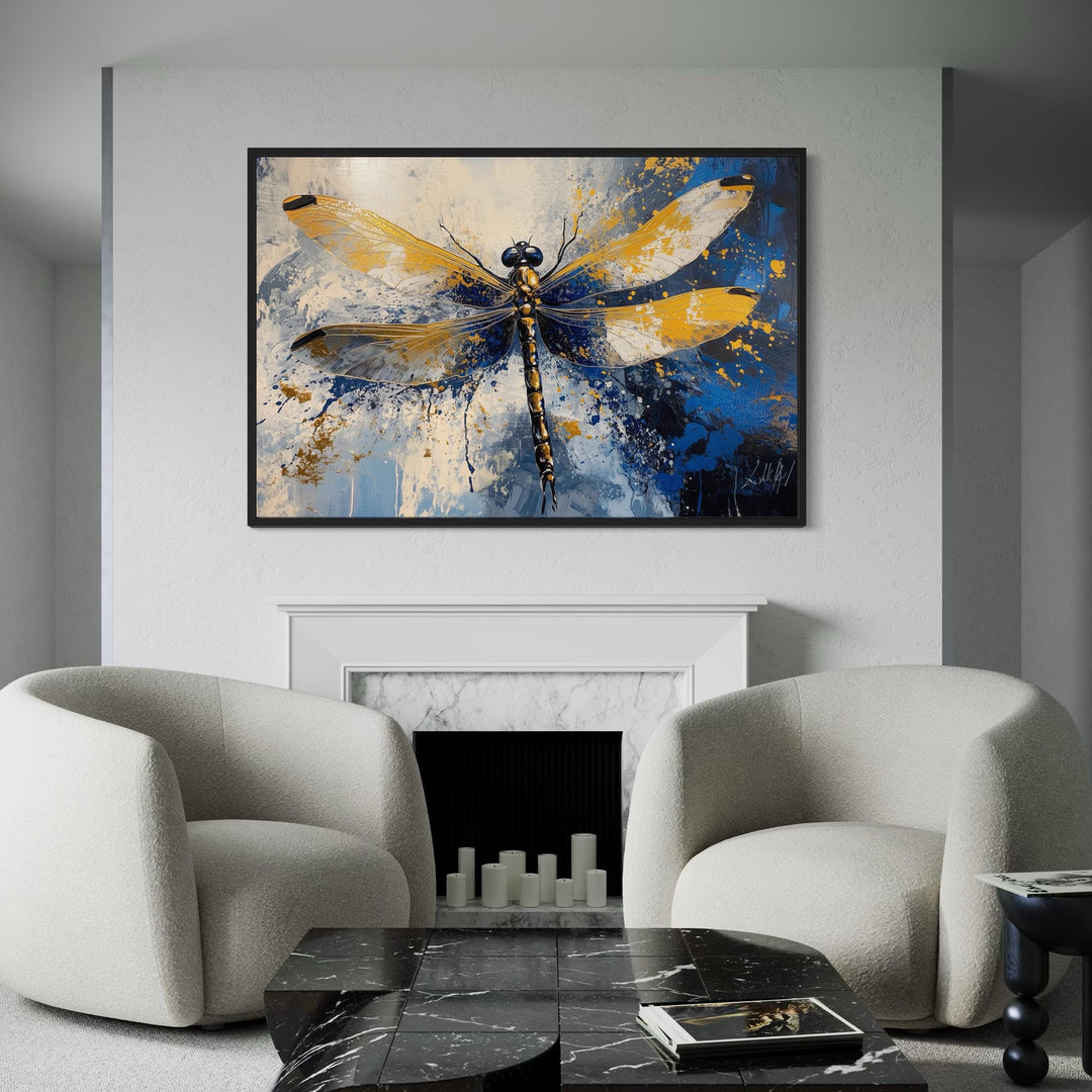 Blue Gold Dragonfly Framed Canvas Wall Art