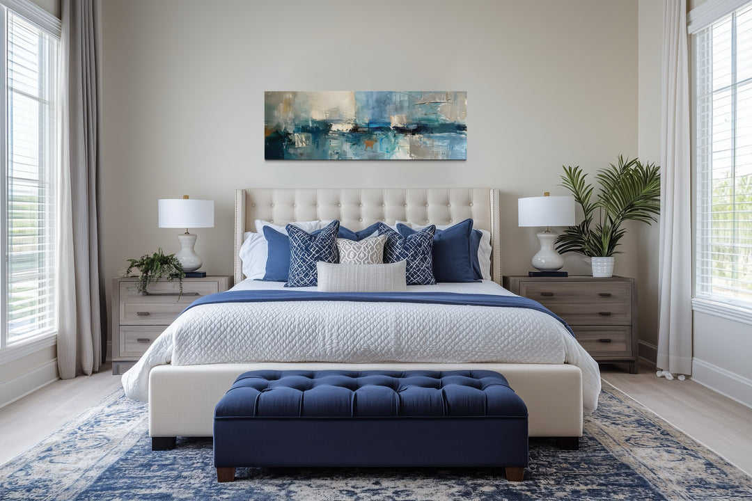 Blue Grey Aqua Calm Peaceful Abstract Above Bed Long Narrow Wall Art