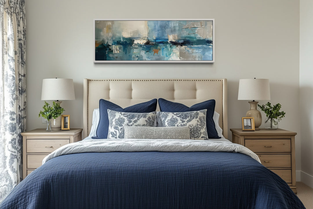 Blue Grey Aqua Calm Peaceful Abstract Above Bed Long Narrow Wall Art