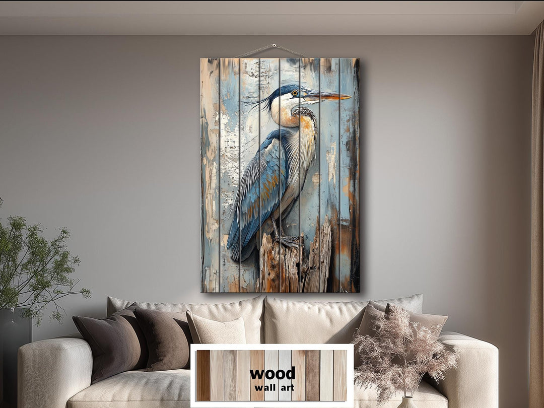 Blue Heron On Driftwood Distressed Wood Wall Art