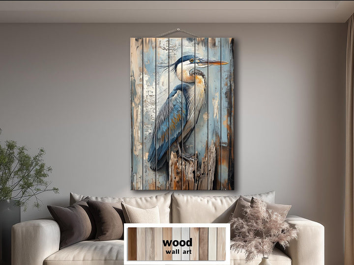 Blue Heron On Driftwood Distressed Wood Wall Art
