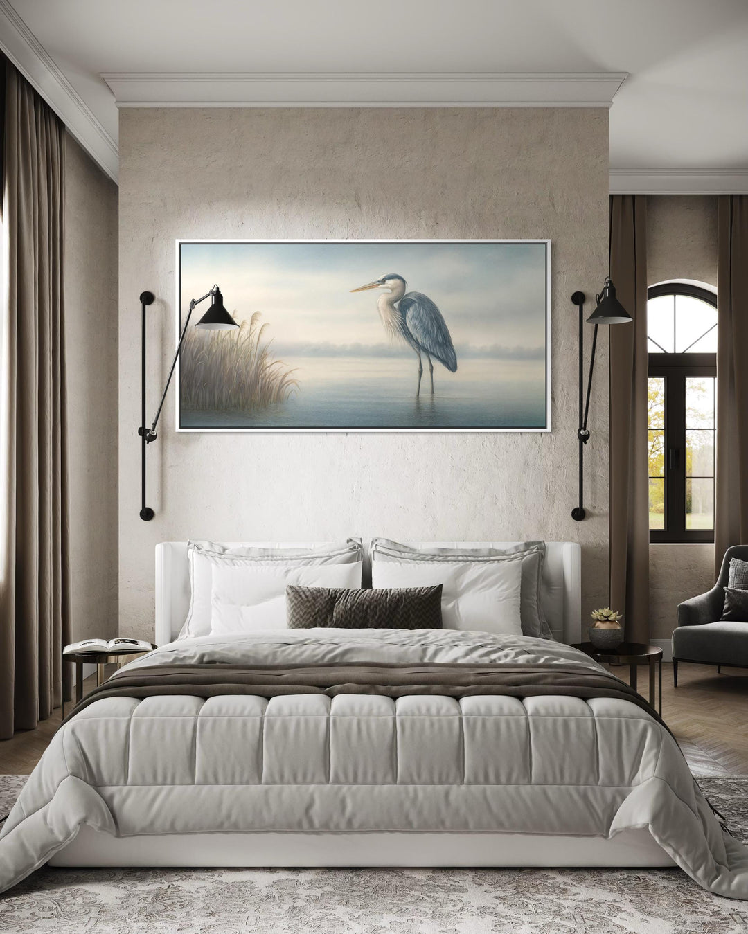 Blue Heron in Misty Lake Framed Canvas Wall Art