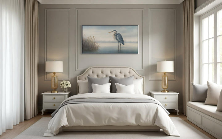 Blue Heron in Misty Lake Framed Canvas Wall Art