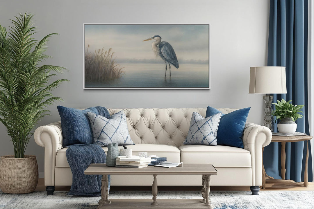Blue Heron in Misty Lake Framed Canvas Wall Art