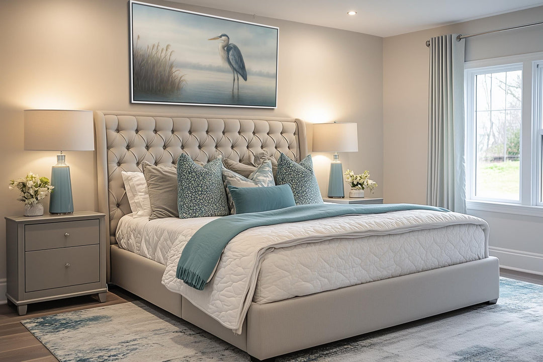 Blue Heron in Misty Lake Framed Canvas Wall Art