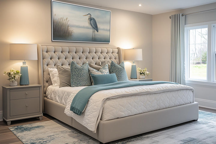 Blue Heron in Misty Lake Framed Canvas Wall Art