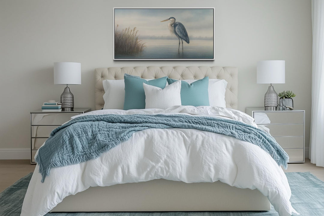 Blue Heron in Misty Lake Framed Canvas Wall Art