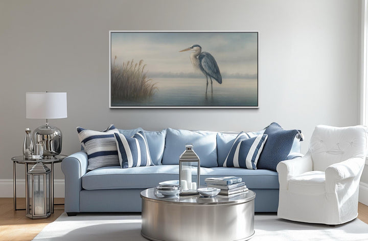 Blue Heron in Misty Lake Framed Canvas Wall Art