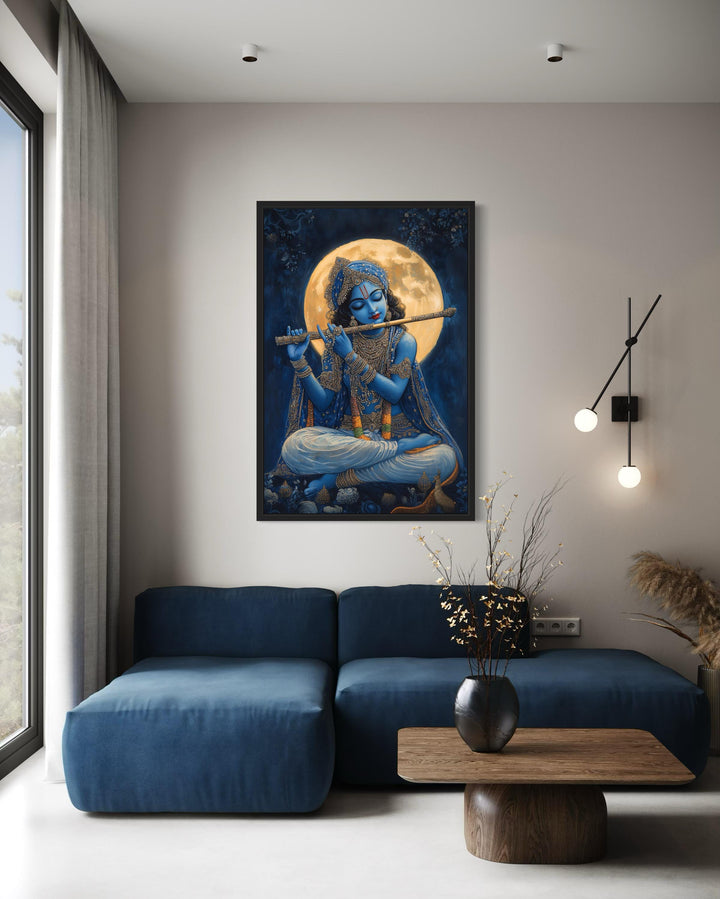Blue Krishna Playing Flute Under Full Moon Framed Canvas Wall Art