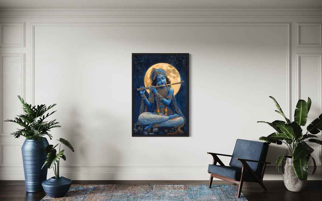 Blue Krishna Playing Flute Under Full Moon Framed Canvas Wall Art