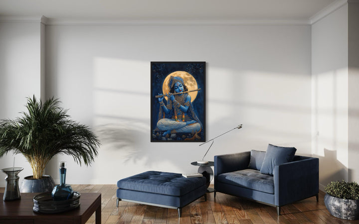 Blue Krishna Playing Flute Under Full Moon Framed Canvas Wall Art