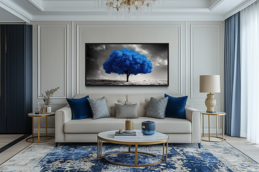 Blue Tree on Black White Background Framed Canvas Wall Art