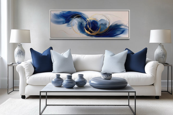 Blue White Gold Minimalist Abstract Narrow Horizontal Above Bed Wall Art