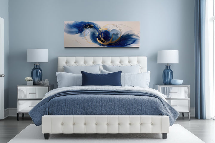 Blue White Gold Minimalist Abstract Narrow Horizontal Above Bed Wall Art