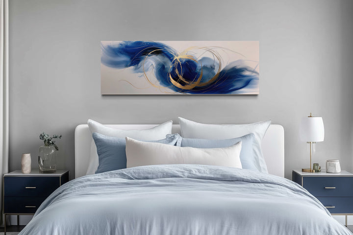 Blue White Gold Minimalist Abstract Narrow Horizontal Above Bed Wall Art