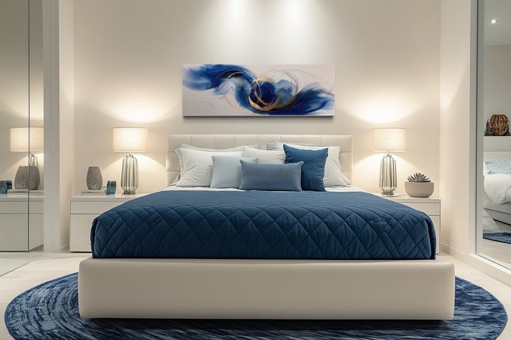 Blue White Gold Minimalist Abstract Narrow Horizontal Above Bed Wall Art
