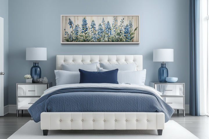 Blue Wildflowers Horizontal Framed Canvas Wall Art For Above Bed Decor