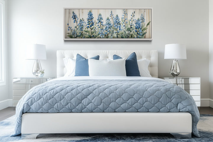 Blue Wildflowers Horizontal Framed Canvas Wall Art For Above Bed Decor