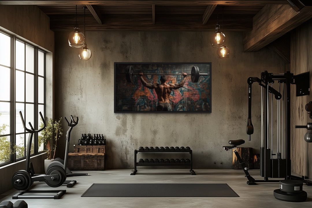 Bodybuilder Man Lifting Barbell Graffiti Framed Canvas Wall Art For Home Gym