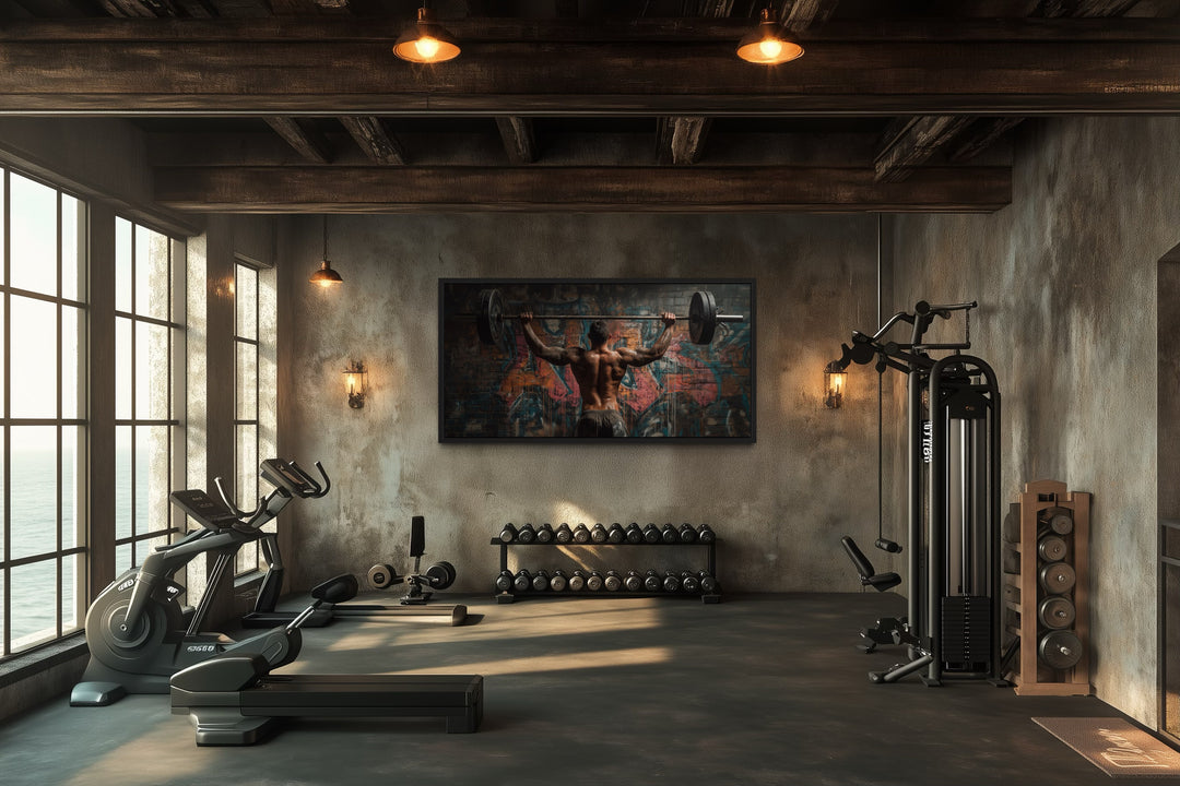 Bodybuilder Man Lifting Barbell Graffiti Framed Canvas Wall Art For Home Gym
