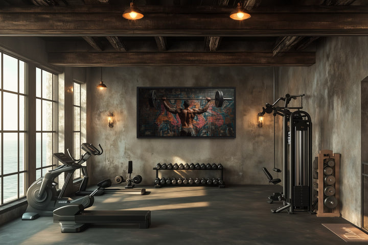 Bodybuilder Man Lifting Barbell Graffiti Framed Canvas Wall Art For Home Gym