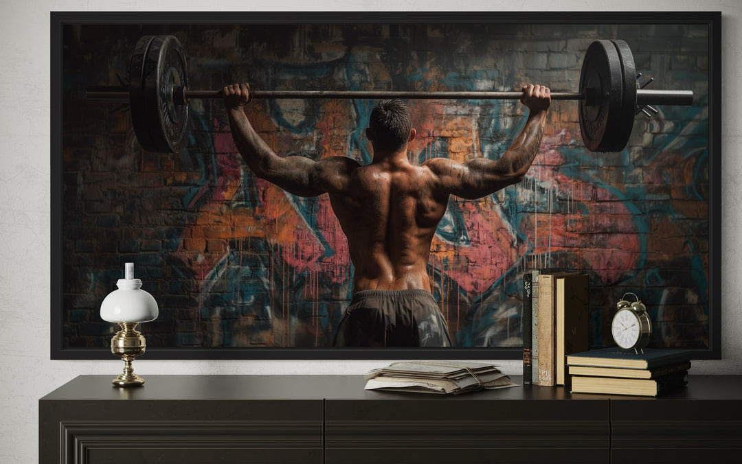 Bodybuilder Man Lifting Barbell Graffiti Framed Canvas Wall Art For Home Gym