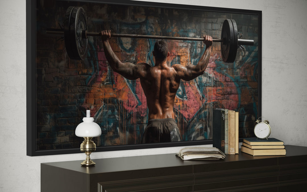 Bodybuilder Man Lifting Barbell Graffiti Framed Canvas Wall Art For Home Gym