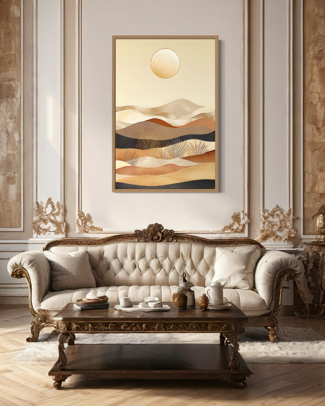 Boho Desert Vertical Mid Century Modern Framed Canvas Wall Art